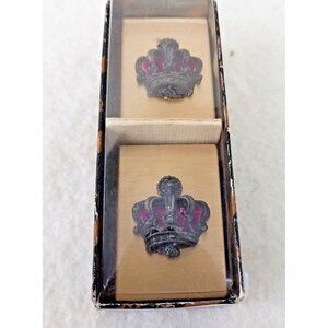 Metal match box cover brass crown red accents a Gold tone product vintage pair